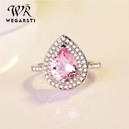 WEGARSTI Heart Shaped Water Drop Zircon Set 925 Silver Jewelry Pink Red European Style Engagement Gift Ring Women Fine Jewelry