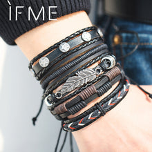 Load image into Gallery viewer, IF ME Vintage Leaf Feather Multilayer Leather Bracelet Men Fashion Braided Handmade Star Rope Wrap Bracelets &amp; Bangles Male Gift